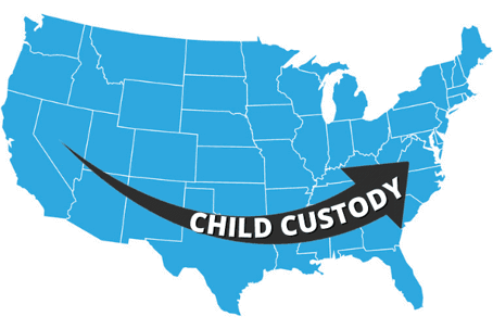 map of US with arrow and words 'child custody' to represent a parent moving during