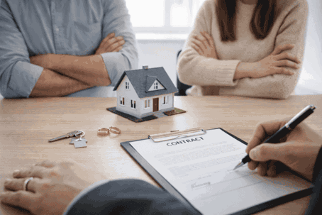 Divorced couple at a meeting to sell property